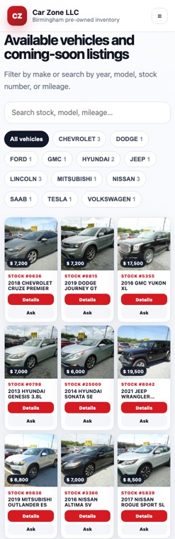 Mobile view of Carzone inventory website