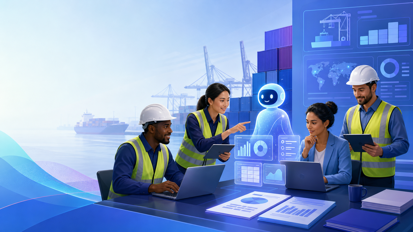 Abstract professional illustration of staff using AI tools with documents, dashboards, and port operations motifs.