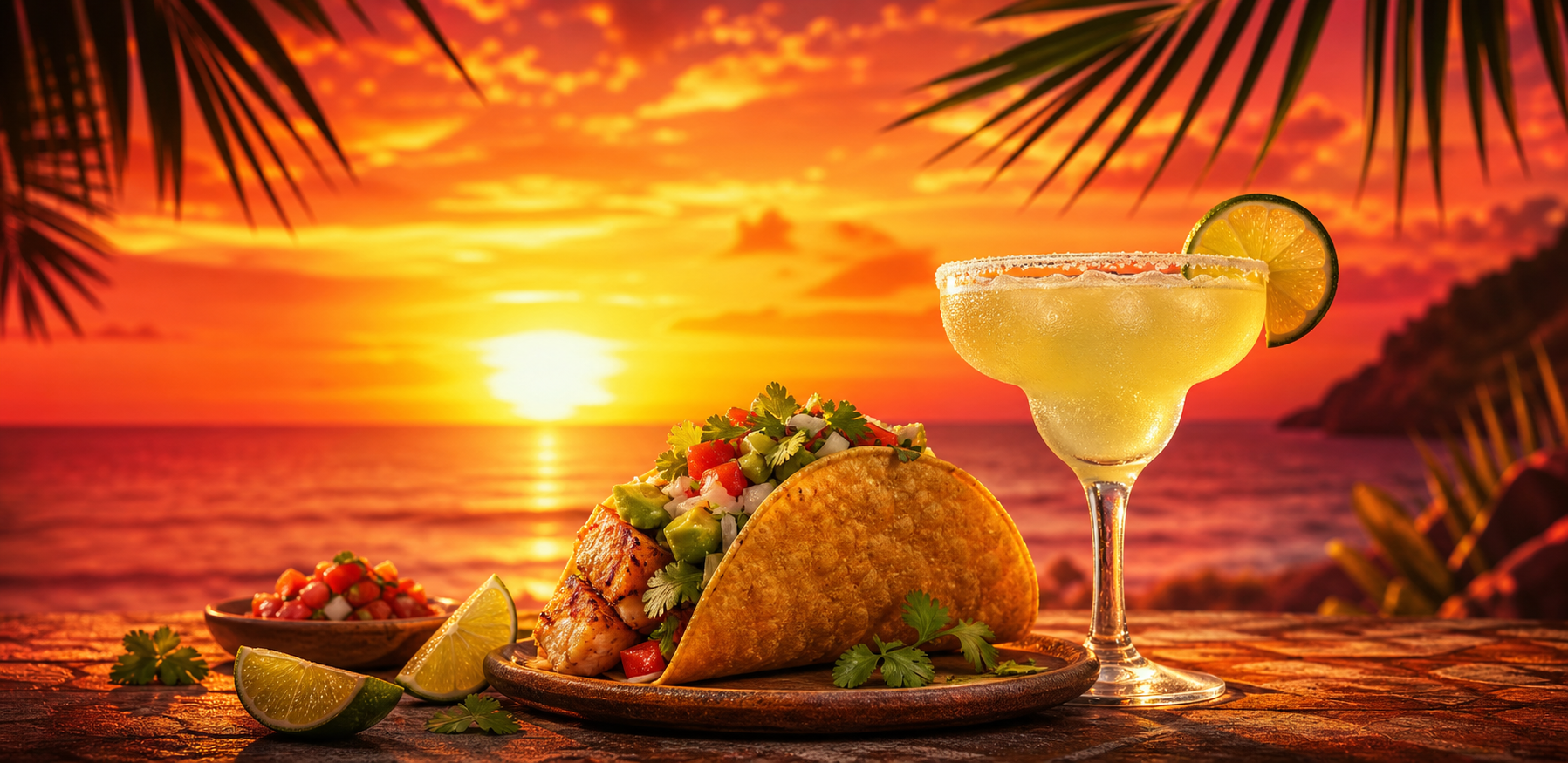 Glowing tequila sunrise sunset with a taco and margarita for Friends of Taco Dreams.
