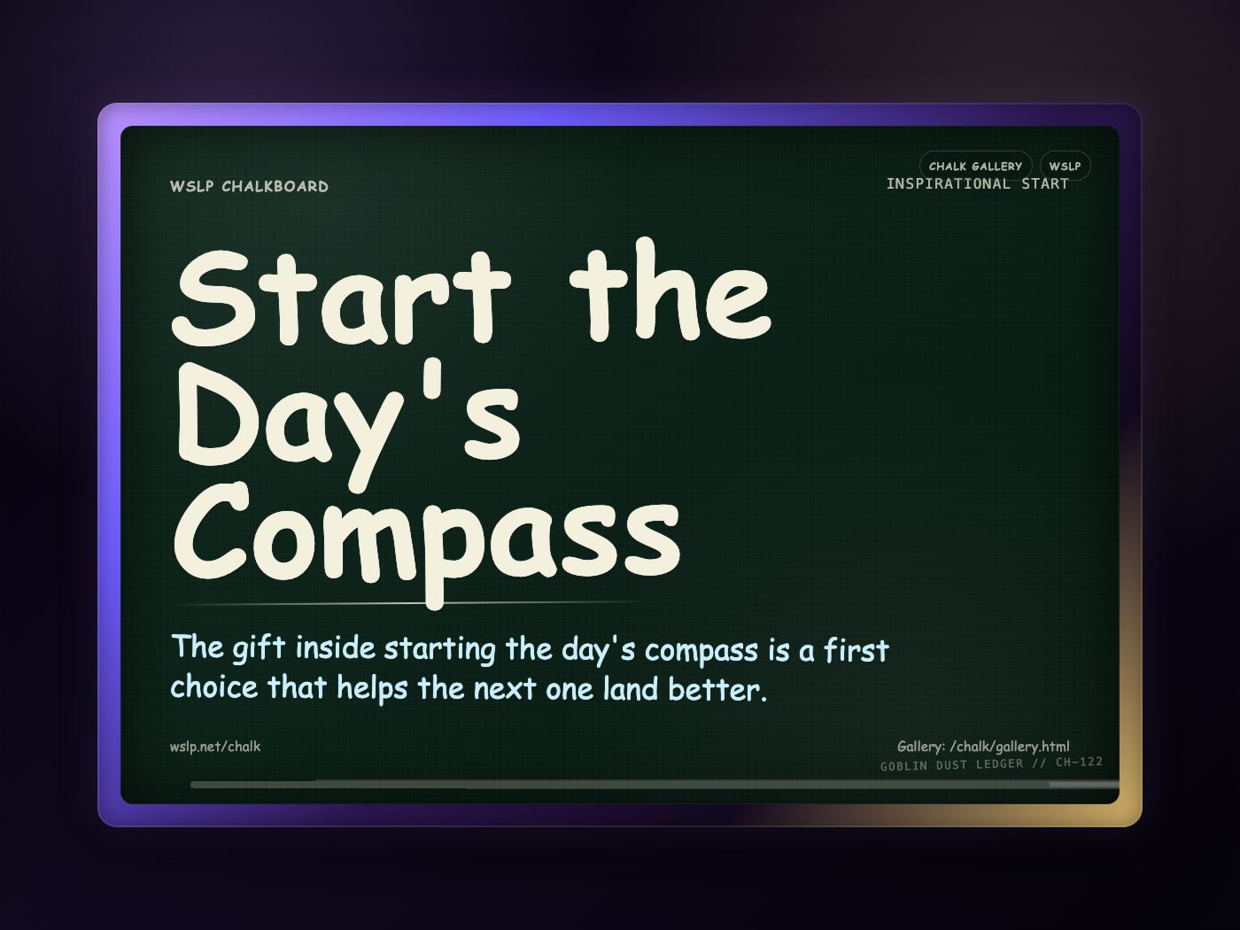 WSLP chalkboard reading Start the Day's Compass. The gift inside starting the day's compass is a first choice that helps the next one land better.