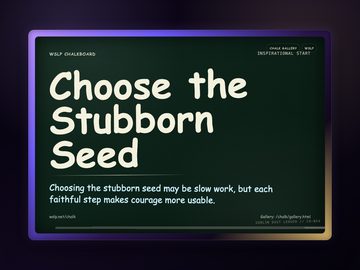 WSLP chalkboard reading Choose the Stubborn Seed. Choosing the stubborn seed may be slow work, but each faithful step makes courage more usable.